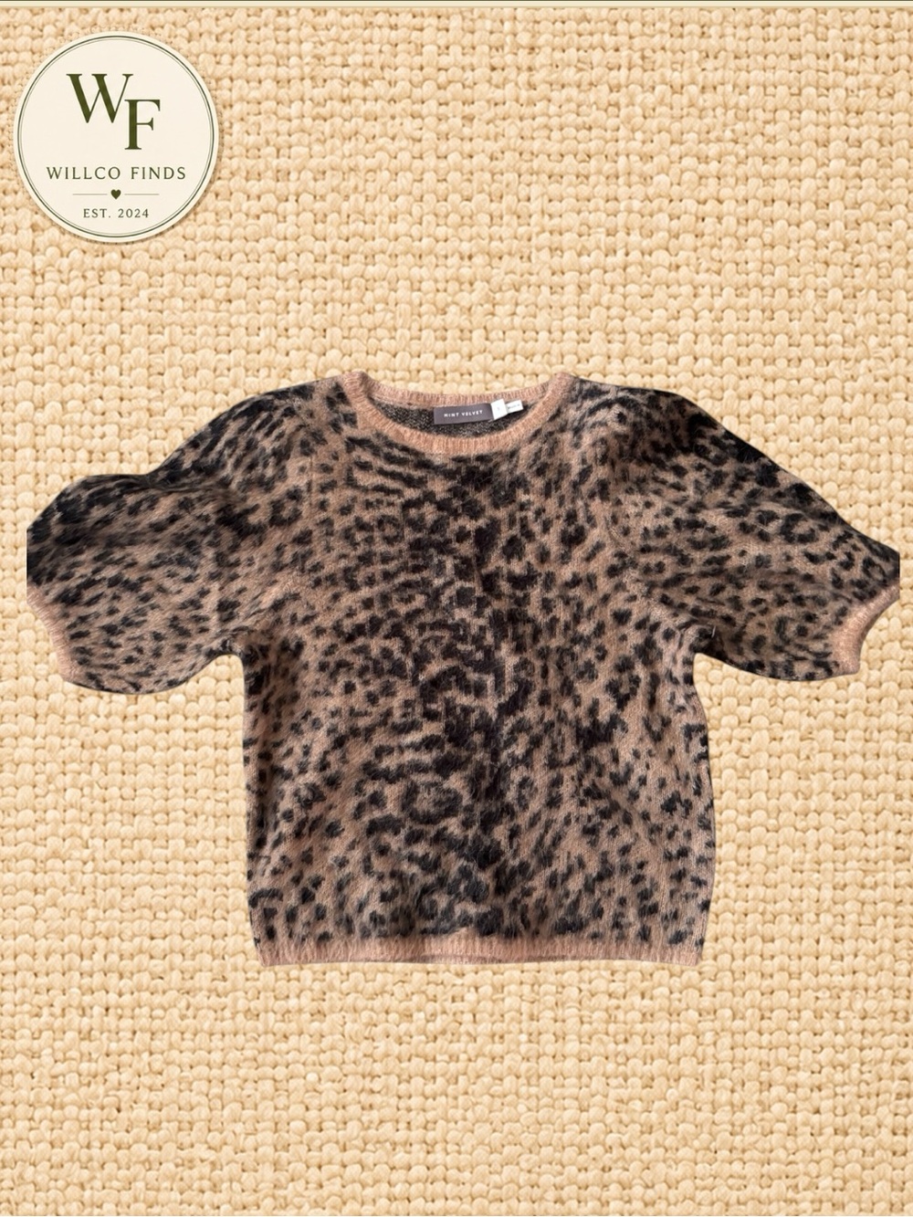 Mint Velvet Leopard Print Women’s Wool Blend Fuzzy Short Sleeve Sweater Small